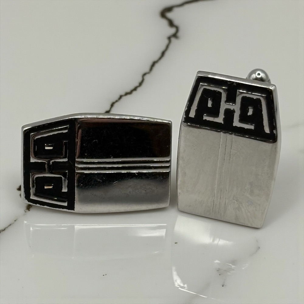 HICKOK USA Abstract Cufflinks Vintage MCM Silver Tone Black Accent Ornate Formal